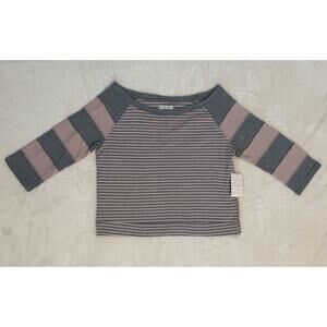NWT Free People We The Free Striped Elbow Sleeve Top Grey/Pink Combo Large